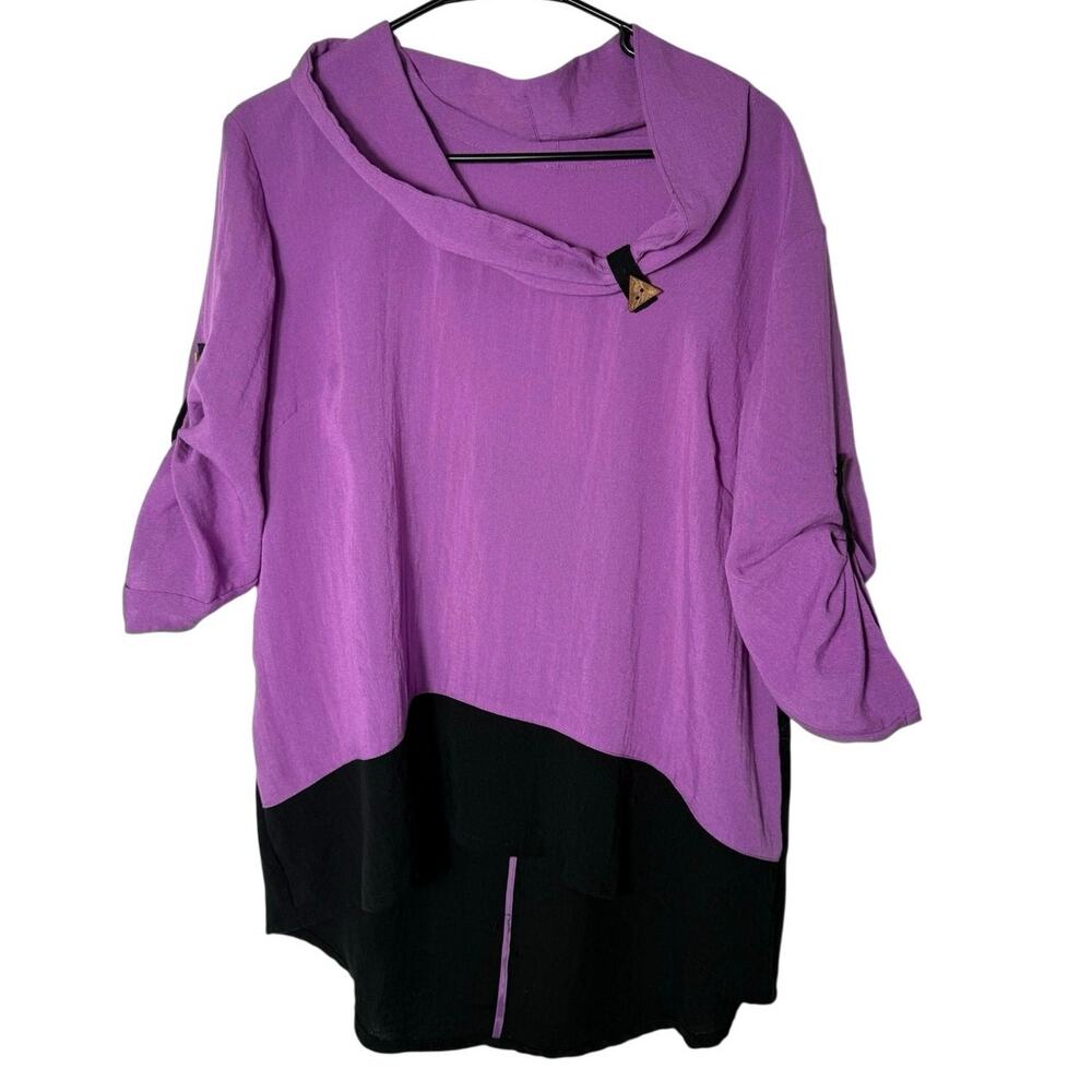 Fridaze L Lagenlook Artsy Colorblock Tunic Top 100% Linen Purple Black Granola
